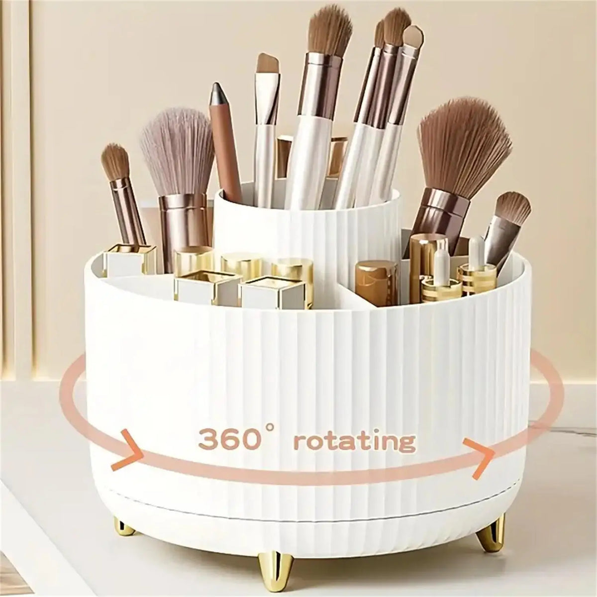 360° Rotating Makeup Brush Holder 5 Slot Cosmetic Organizer for Nail Polishes Skincare Perfumes Desktop Vanity Storage Bathroom