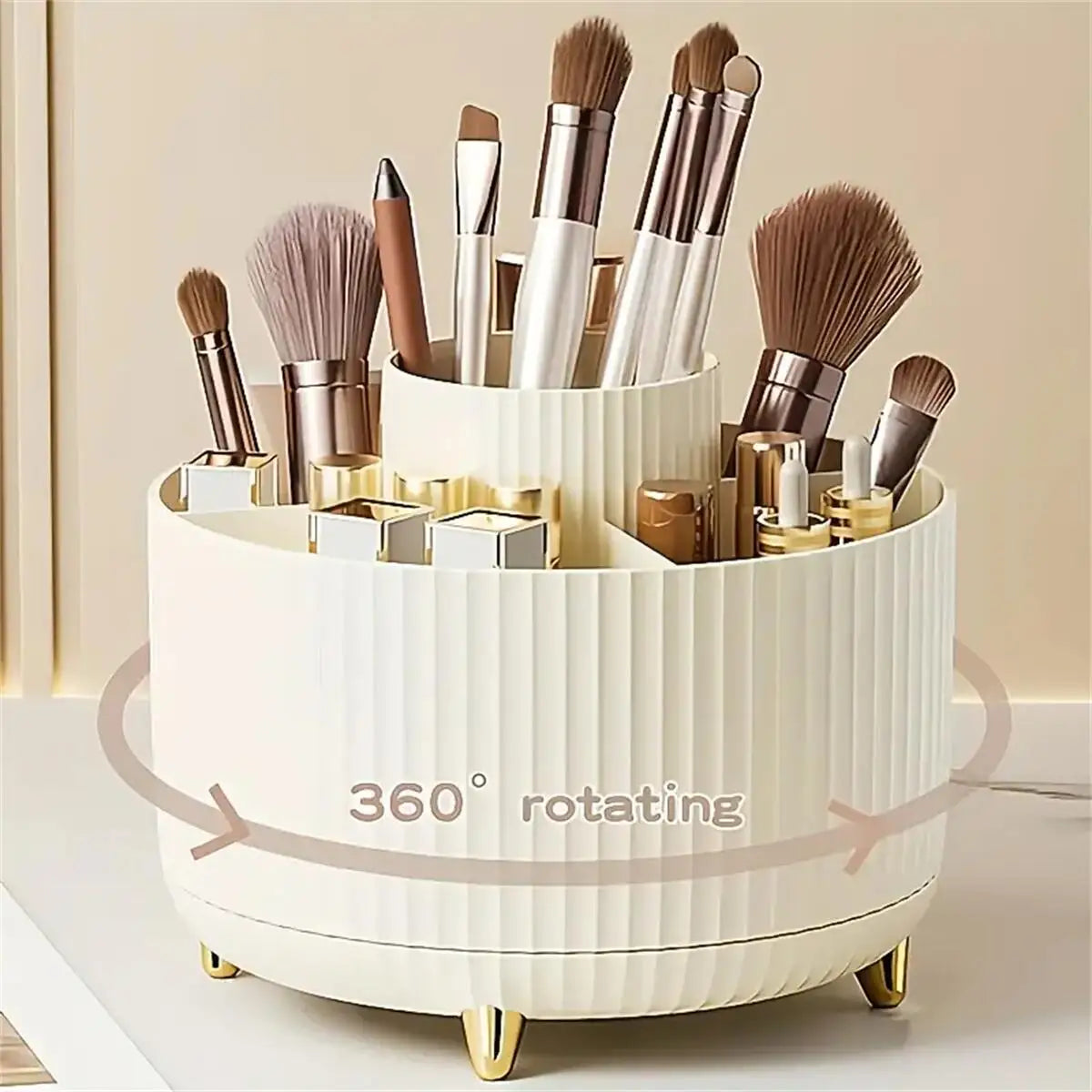 360° Rotating Makeup Brush Holder 5 Slot Cosmetic Organizer for Nail Polishes Skincare Perfumes Desktop Vanity Storage Bathroom