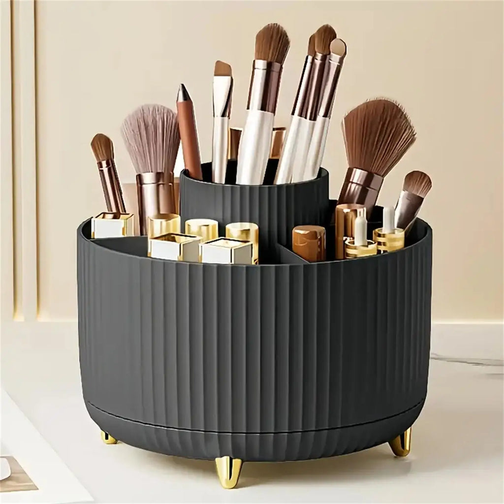 360° Rotating Makeup Brush Holder 5 Slot Cosmetic Organizer for Nail Polishes Skincare Perfumes Desktop Vanity Storage Bathroom