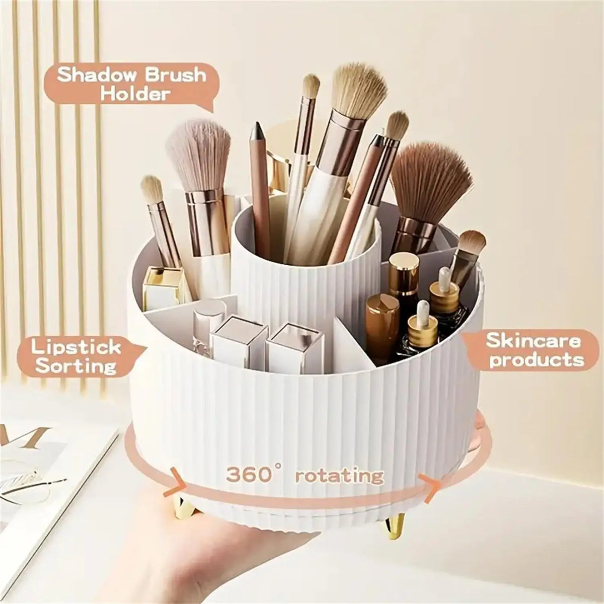 360° Rotating Makeup Brush Holder 5 Slot Cosmetic Organizer for Nail Polishes Skincare Perfumes Desktop Vanity Storage Bathroom